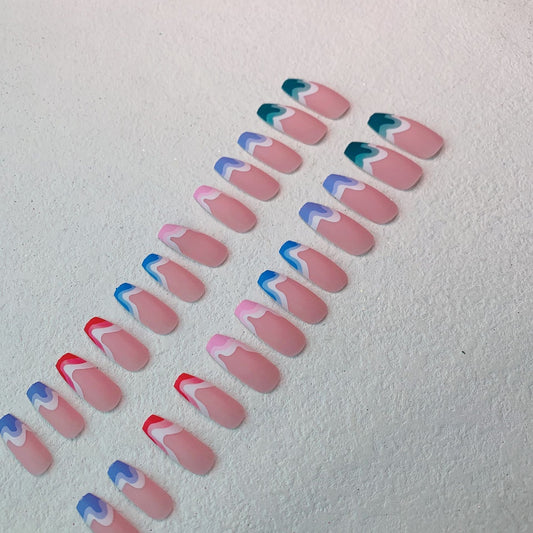 Fake Nails Multicolored Wave Pattern Nail Art-1